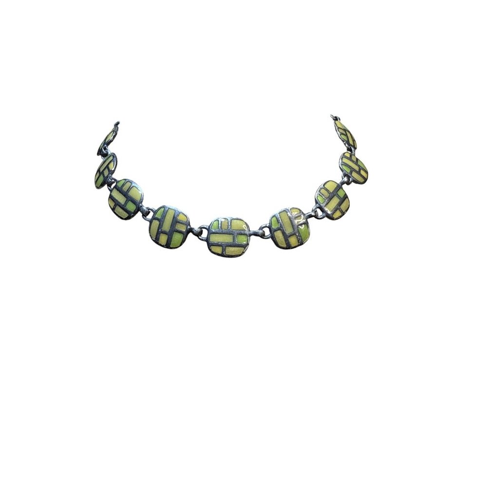 Vintage Guess Mosaic Enamel Link Necklace Green Yellow Geometric Modernist Desig